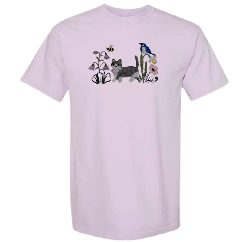 GREY CAT Spring floral meadow cat dainty embroidered comfort colors shirt/ spring shirt/ comfort colors tee/ spring cat shirt