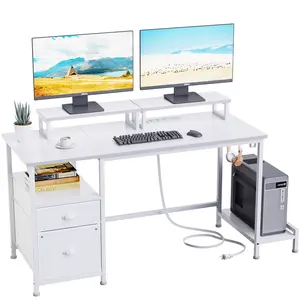 Furologee Computer Desk with Drawer and Power Outlets,Office Desk with 2 Monitor Stands and Fabric File Cabinet,Writing Gaming Table with Shelves and 2 Hooks for Home Office,Study,Gaming