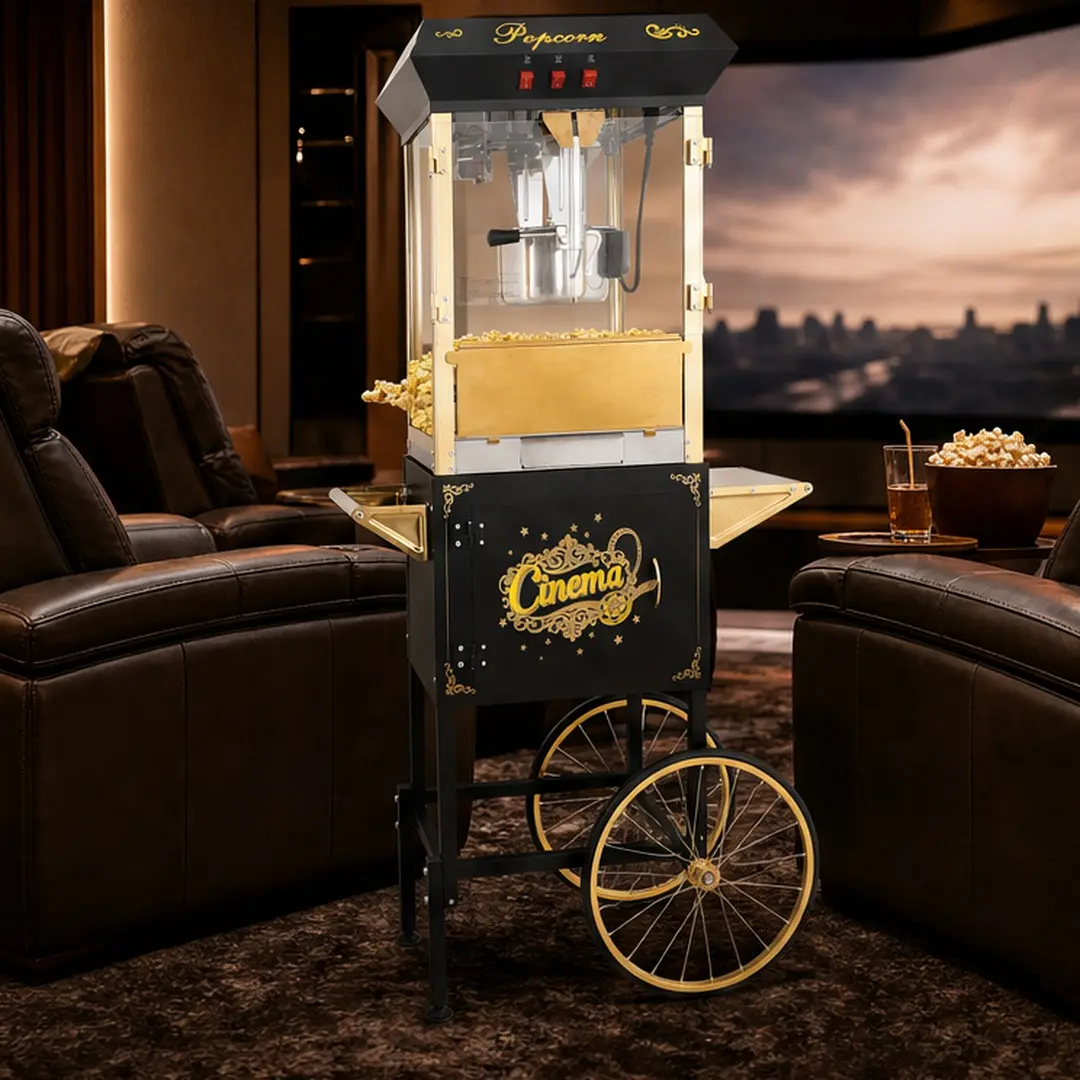ARCH 16 Oz Commercial Popcorn Machine with Cart - Stainless Steel Tempered Glass Movie Theater-Style Popcorn Maker, 3-Switch Control, Warming Deck, Reject Kernel Tray, Scoops & Measuring Spoons Included, Black