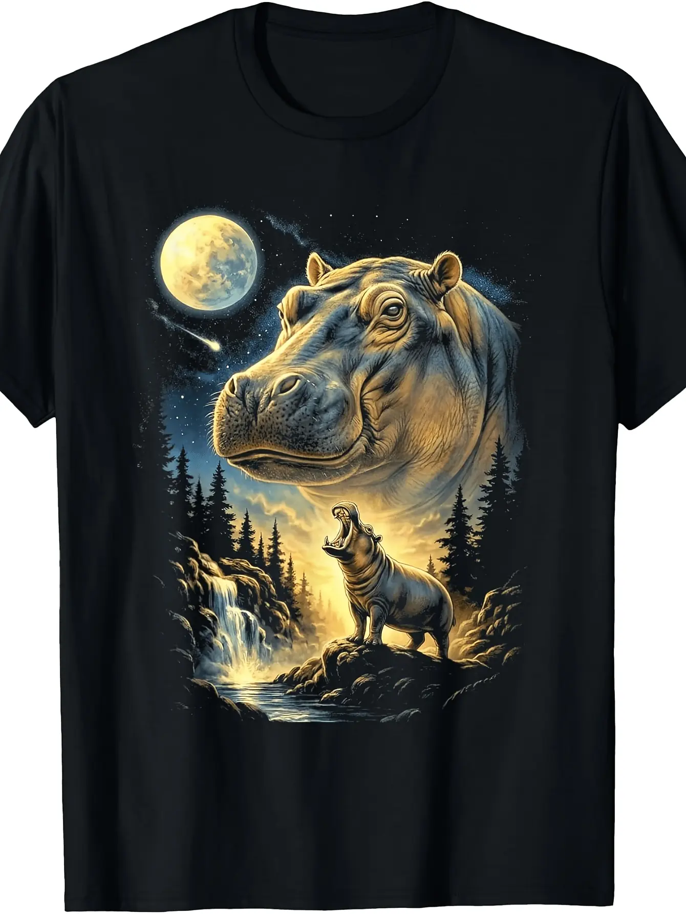Retro 90's Hippo Howling to The Moon Meme T-Shirt unisex soft cotton short sleeve t shirt, vintage graphic casual tee for men women teens, perfect birthday holiday gift for camping travel gym daily street  wear