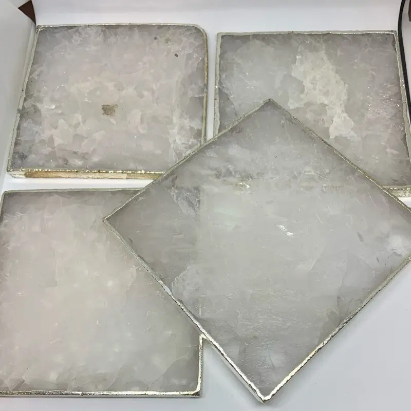 Clear Quartz Gemstone Luxury Coaster Trimmed In Sterling Silver Handmade Polished Natural Variations 3-5 Inches Diameter Tableware