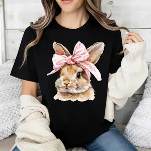 Cute Bunny Rabbit With Pink Bow T Shirt Spring Summer Casual Wear For Women And Girls Easter Outfit Cute Animal Print Top Fashion Tee Shirt
