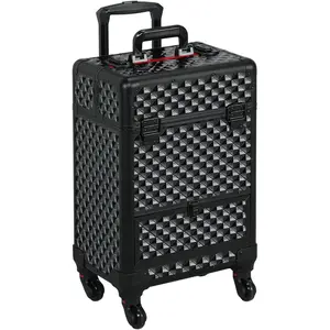 Rolling Makeup Train Box Aluminum Cosmetic Case with Wheels Barber Box Salon Lockable Travel Trolley with Sliding Drawer Removable Separator, Black/Red