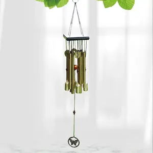 Chime wooden house outdoor courtyard wind chime wood multi-tube bell creative home decoration, Aluminum tube copper coin butterfly