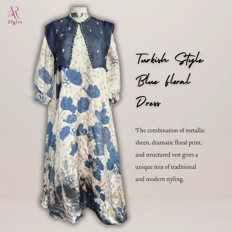 AR Styles Turkish Style Blue Floral Dress - Casual Women's Wear with Metallic Sheen and Dramatic Floral Print - Womenswear