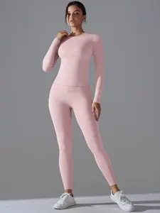 Women's Solid Long Sleeve Tee & Leggings Sports Set, Sporty Casual Comfy Breathable Two-piece Outfits Stretchable Activewear for Yoga Gym Workout Running Fitness, Ladies Sportswear for All Seasons, Tracksuit Set, Athleisure Breathable Clothes