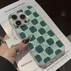 Feather. Green Checked Retro Mosaic Pattern Phone Case Cover for iPhone 17 16 15 14 13 12 11 X XS XR Pro Max Plus Air Collection, Ideal Birthday or New Year's Gift for Friends, Family and Loved Ones