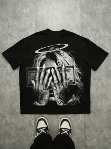 Men's Angel Face Money Print Long T-Shirt, Streetwear Street Style Graphic Tee, Casual Fitted Short Sleeve Top, Fashionable American Brand Clothing