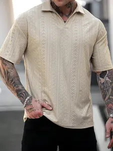 Men's Casual Vacation Polo Shirt, Inspired Spring Summer Knit Mesh Boho Texture, Perfect for Music Festivals & Daily Wear