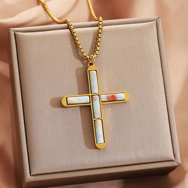 Women's Casual Letter Stone Chain-Link Pendant Necklace, Female Daily Fashion Accessory, 55+5cm Long Chain Bless Cross Jewelry, Link Chain
