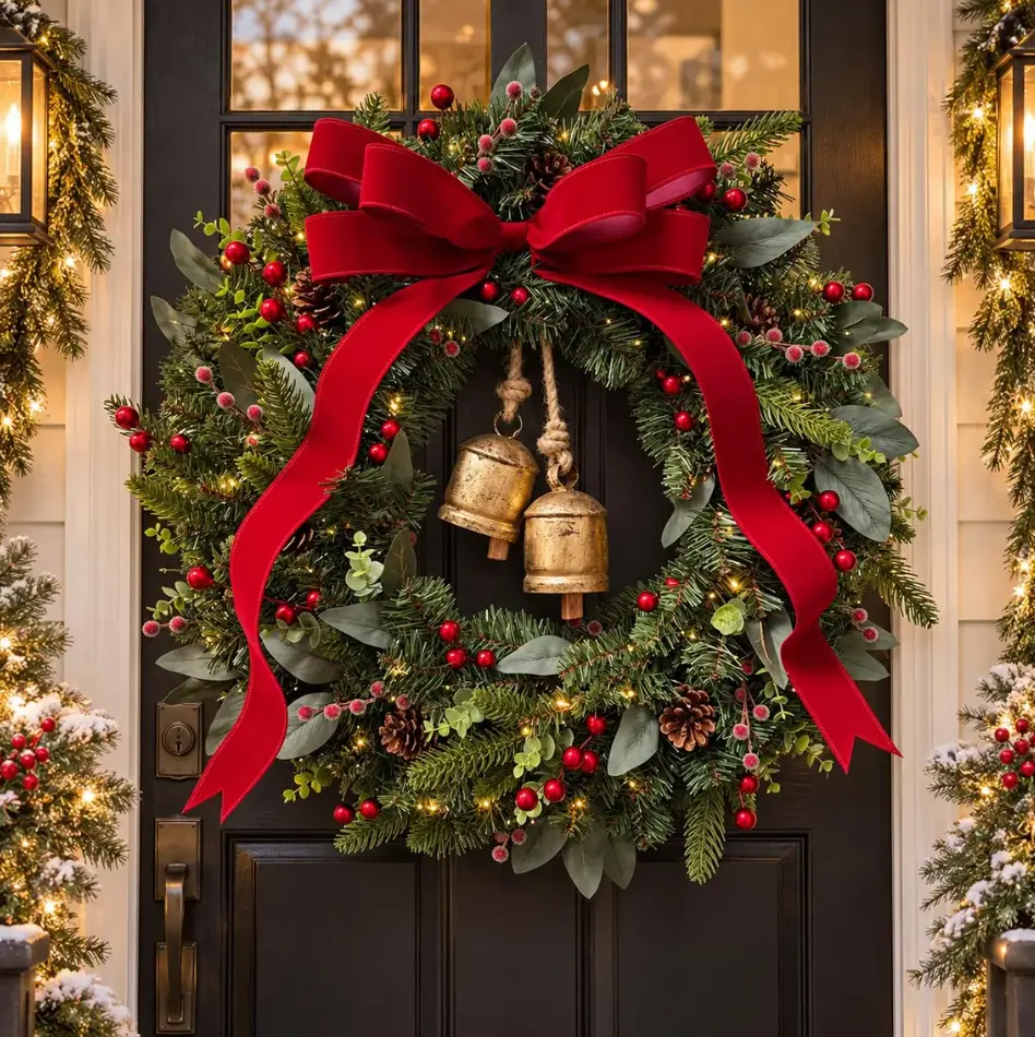 Christmas Wreath for Front Door Decor, Pre-Lit Holiday Wreath with Vintage Golden Bells & Large Red Velvet Bow, Artificial Pine Wreath with Red Berries & Pinecones, Xmas Home Hanging Decoration for Porch Wall Fireplace Indoor Outdoor Winter Seasonal Decor