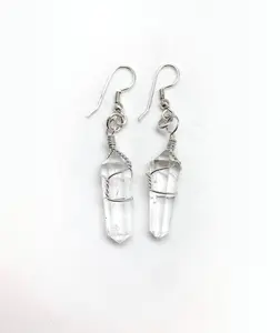 Clear Quartz Polished Point Earrings in Wire Wrapped Dangle Setting
