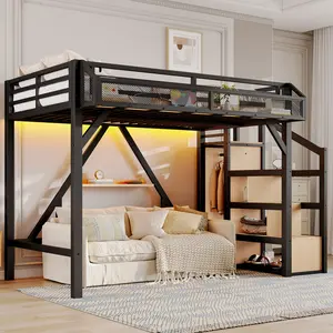 53  Twin XL Loft Bed with Storage Stairs, Shelves and Built-in Wardrobe, Metal Loft Bed Frame with USB Ports and LED Lights, Noise-reduced Design, Natural Wood