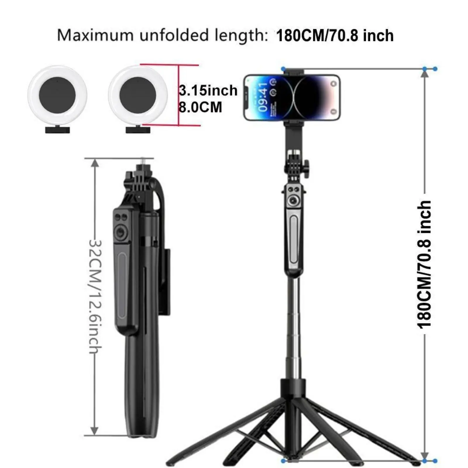 Bluetooth Remote Selfie Stick with Ring Light, Compact Smartphone-Cellphone Accessory for Android Devices, Accessories, Mobile