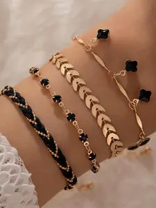 Women's Geometric Moon Wheat Four-Leaf Flower Woven Rope Bracelet Set, Stackable Bracelets, Casual Zinc Alloy Hand Chain Jewelry Accessories