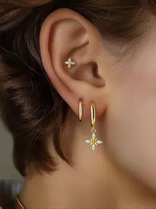 Women's S925 Silver Earrings Set, Four-Leaf Flower Design, Artificial Zircon Inlay, Elegant Jewelry Gift for Women