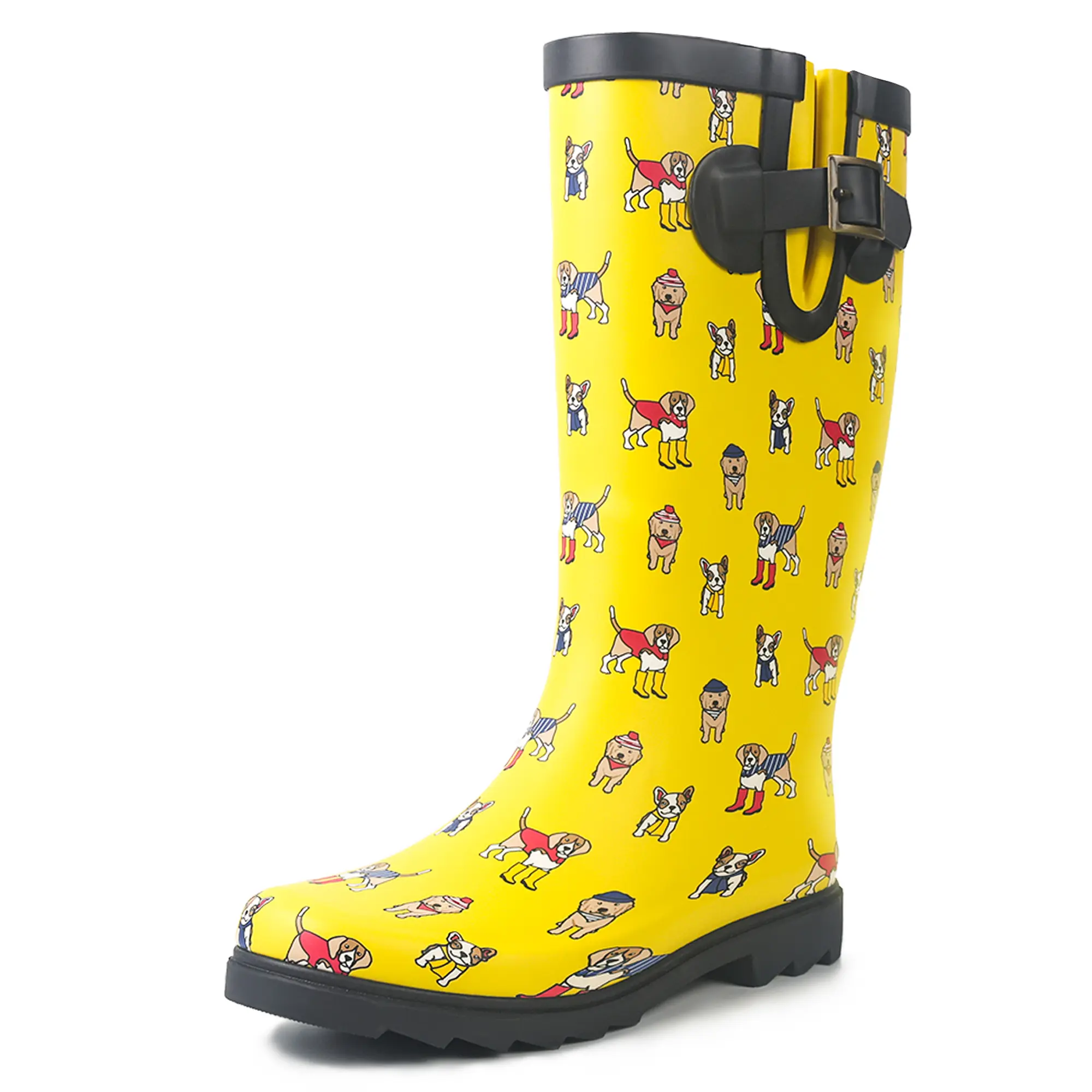 Landchief Women's Natural Rubber Waterproof Puppy Print Rain Boots - Cute Yellow, Non-Slip Grip, Soft Cotton-Lined Gardening Outdoor Footwear for Ladies, Fabric