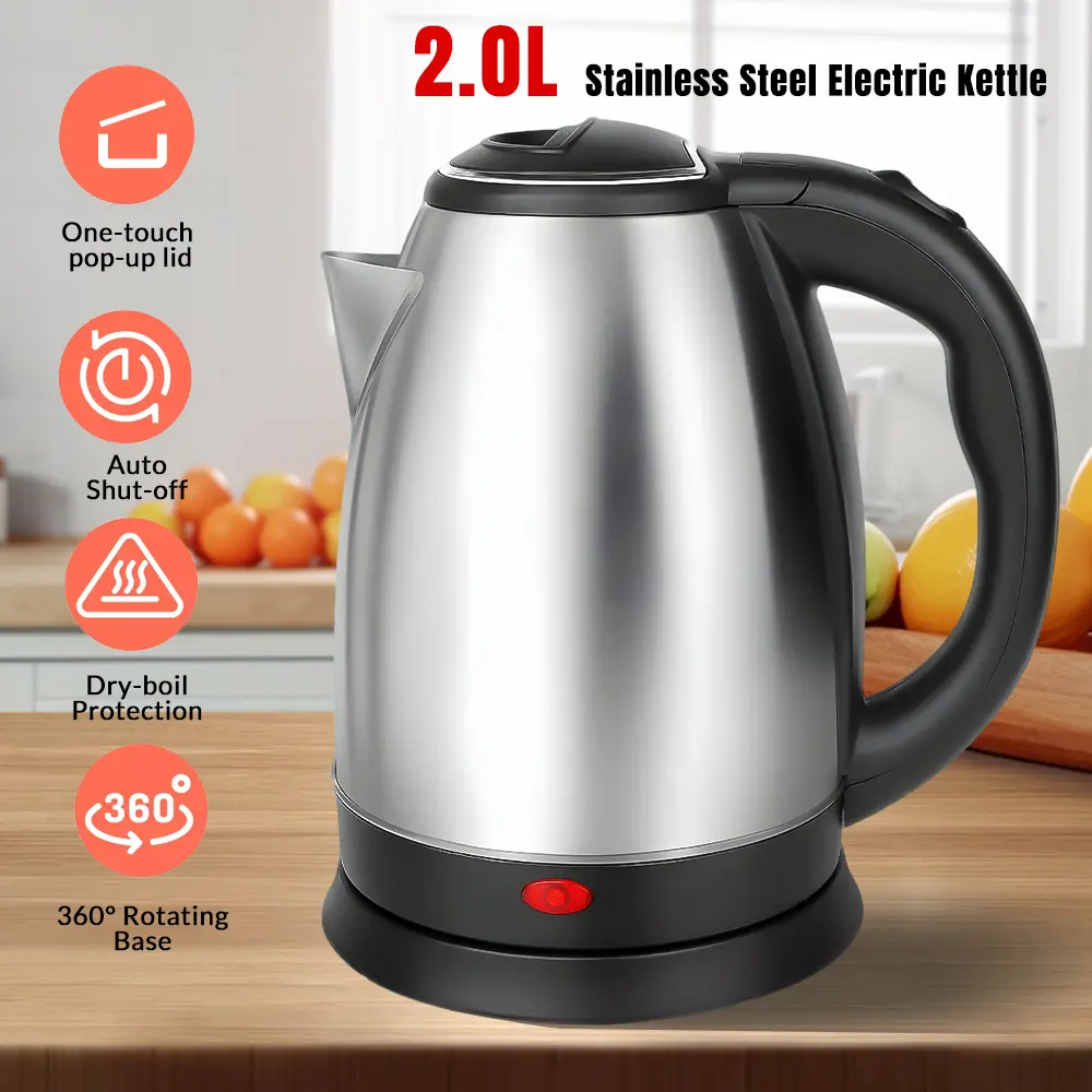 2.0L Stainless Steel Electric Kettle, Fast Boil Water Kettle With Auto Shut‑Off & Dry‑Boil Protection For Home Kitchen