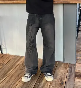 Vintage Print Streetwear Straight Jeans | 100% Cotton  Classic Denim Jeans，Baggy Regular Fit Men's Jeans，Jeans Pants