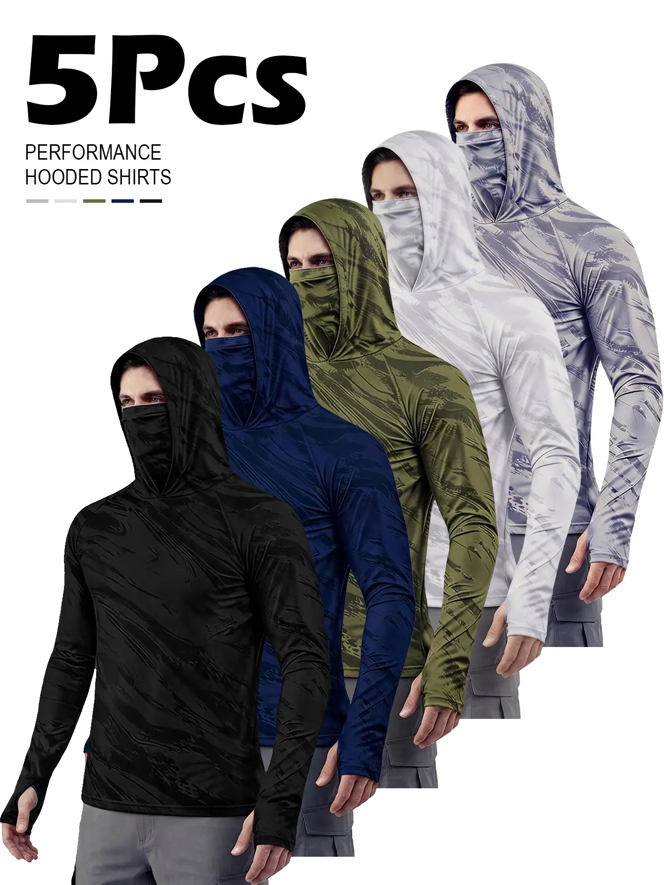 5-Pack Men’s UPF 50+ Fishing Shirts with Hood and Face Cover, Long-Sleeve Quick-Dry Sun Protection Shirts for Outdoor Hiking and Cycling