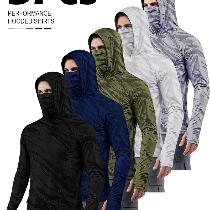 5-Pack Men’s UPF 50+ Fishing Shirts with Hood and Face Cover, Long-Sleeve Quick-Dry Sun Protection Shirts for Outdoor Hiking and Cycling