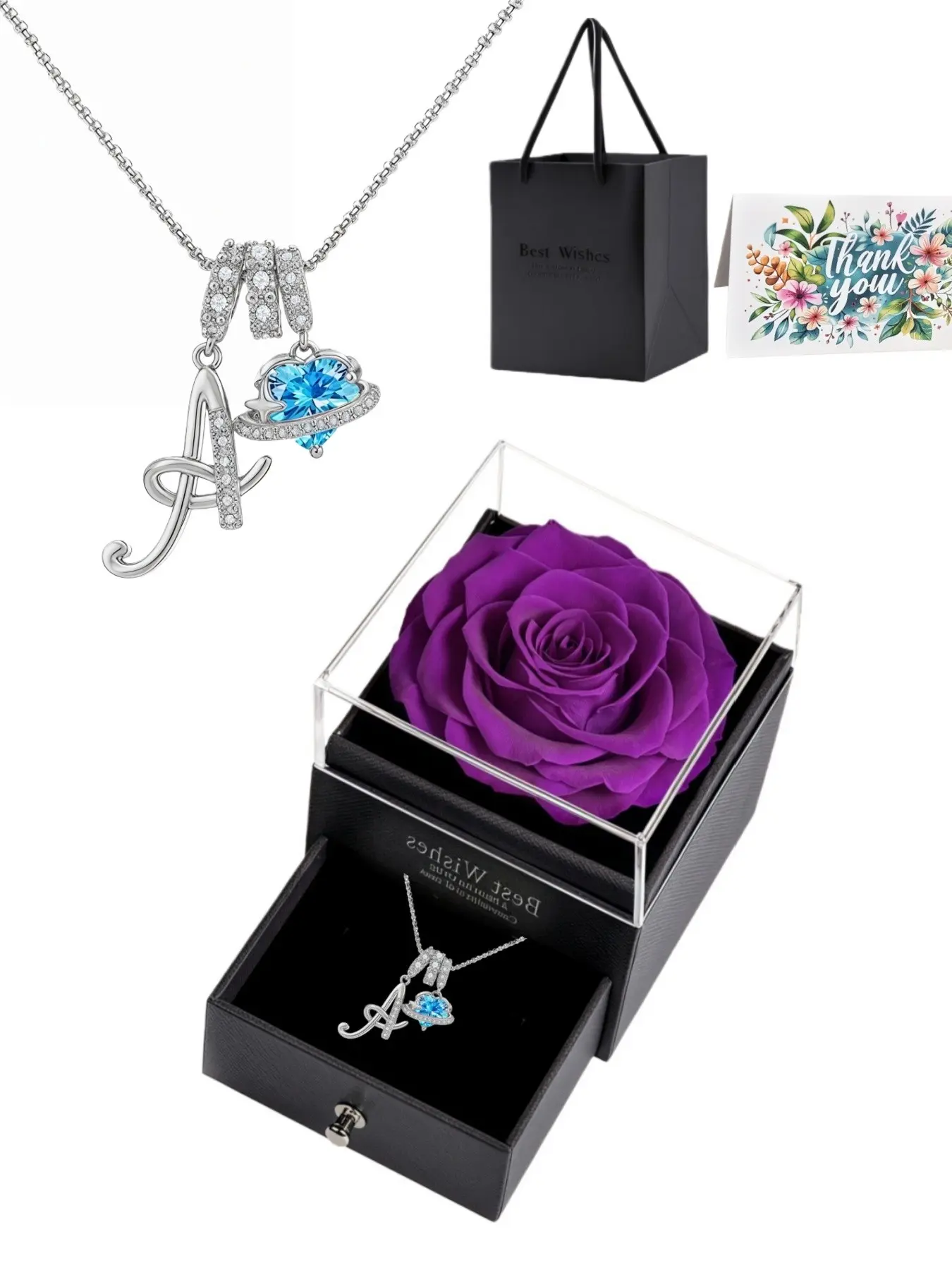 26 Letters Dopamine Women's CZ Birthstone Necklace, Custom Initial Necklace, A-Z Initial Pendant with Purple Preserved Rose Jewelry Gift Box, Ideal Gift for Birthdays, Mother's Day & Valentine's Day