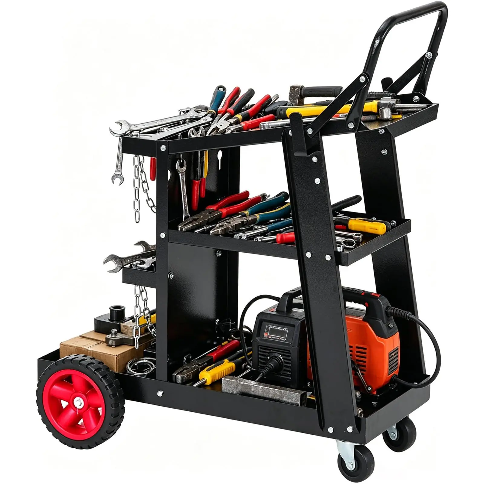 Welding Cart,3-Tier Heavy Duty Welder Cart with 400 Lbs Load Capacity, Rolling Metal Utility Cart with Raised Handle, 360° Swivel Wheels for TIG, TIG, MMA, Plasma Cutter Welding Machine