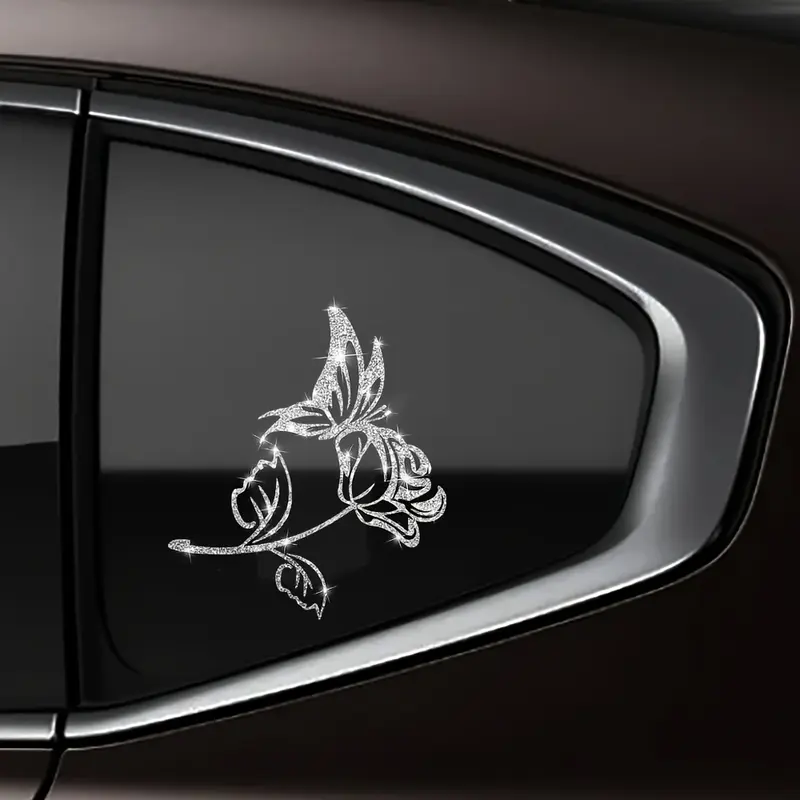 Butterfly Rose Car Sticker, Shiny Decorative Decal, Bright Flower Butterfly Sticker for Home Window Door Laptop Motorcycle