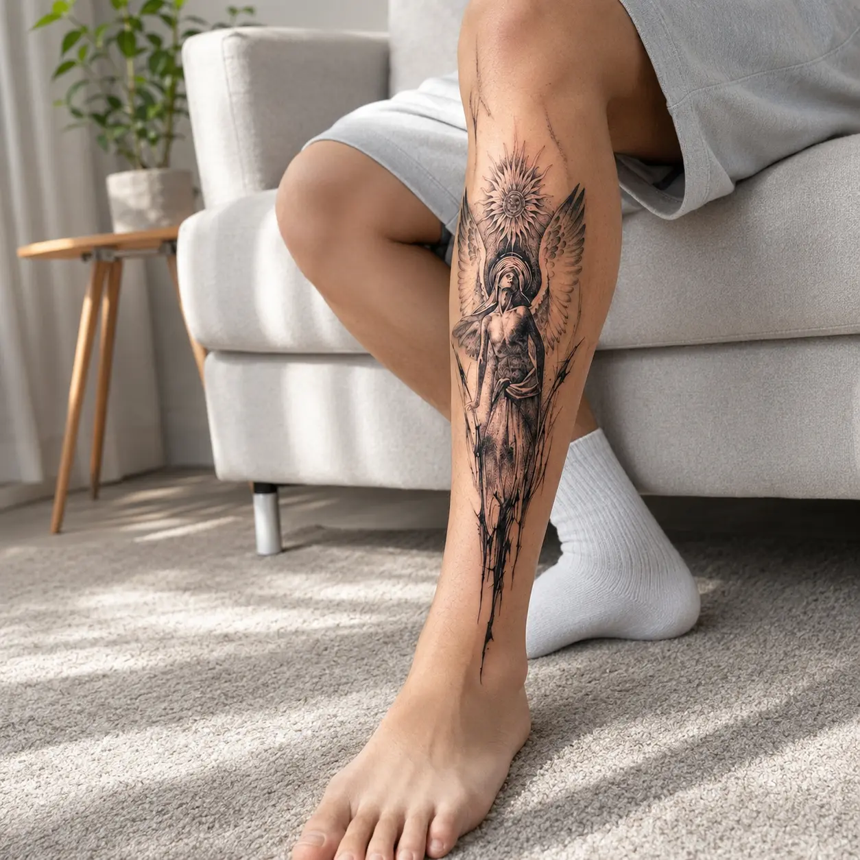 Dark Fallen Sun Angel Temporary Tattoo Sticker, Herbal Semi-Permanent Sleeve Tattoo for Arm or Leg, Realistic Waterproof Gothic Body Art for Men Women