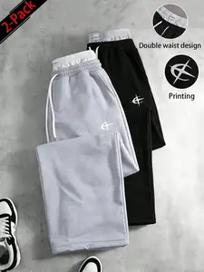 Unisex two-piece set: Y2K street-style athletic pants with dual waistbands, star print faux two-piece design, contrasting double belt details; casual straight-leg pants suitable for both men and women.