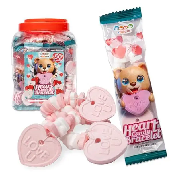 50 Heart Candy Bracelets with Heart Shaped Candy Beads and Pendant, Perfect For Valentine’s, Individually Wrapped Candy Heart Bracelets in Bulk, by 4YoreElves