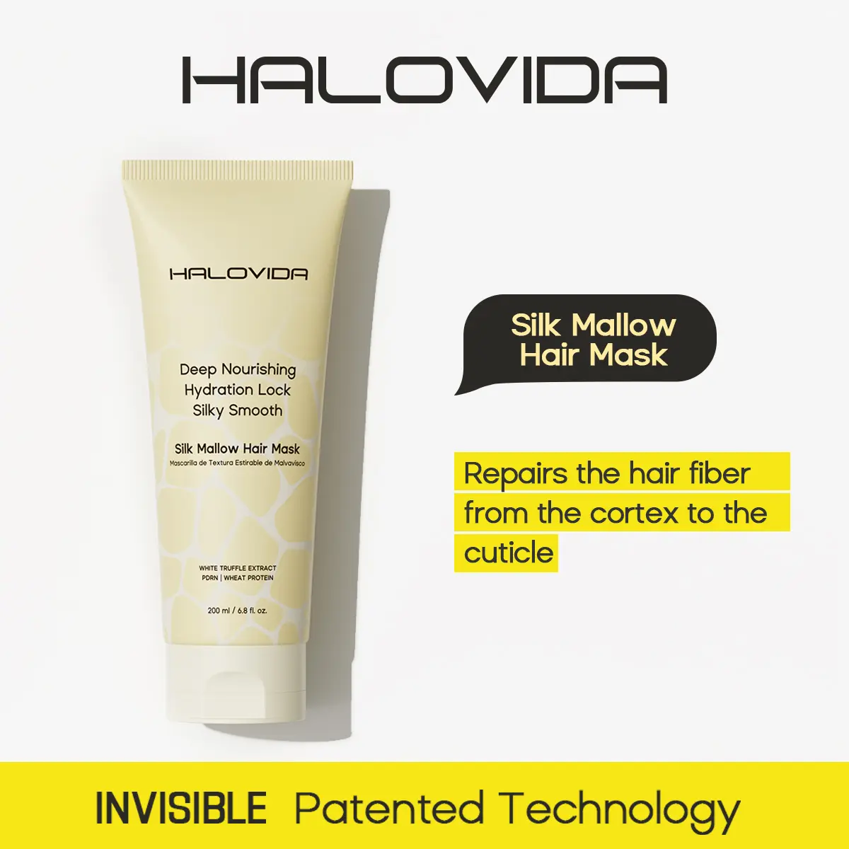 HALOVIDA Silk Mallow Hair Mask for Hydrating and Moisturizing Hair,Strengthens & Maintains Bonds within Hair, Flyaways & Reduce Breakage,Instant Softness & Shine,Dry & Damaged Hair Professional Treatment,Perfect for all hair types,6.8 fl.oz