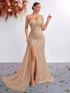 Elisanya Sequin Sweetheart Neck Mesh Patchwork High Waist Long Streamer Open-Side Dress, Elegant For Ball, Party, Evening