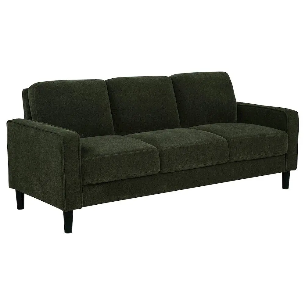 Ruth 77-in Fabric Upholstered Low-Profile Track Arm Sofa - Matcha Green, 3-Seat, Foam Cushioned, Slim Tracks, Angled Legs, Mid Century Modern, Space Saving, Tailored Form Couch for Casual Lounges, Modern Living Rooms