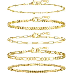 Gold Bracelets for Women, 14K Gold Plated Stackable Bracelet Stack Set Adjustable Charm Paperclip Chain Cuban Link Layered Waterproof Jewelry Sets Gifts for Womens