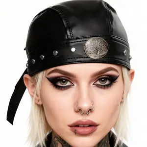 Grunge Aesthetic Women Leather Adjustable Ties Bandana Pirate Cap Tree Of Life Studded Headwrap Doo Rags Motorcycle Biker Hair Bonnets Hats Accessories