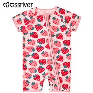 MOSSRIVER Baby Girl Summer Outfit - Bamboo Short Sleeve Strawberry Print One-Piece - Soft & Comfortable