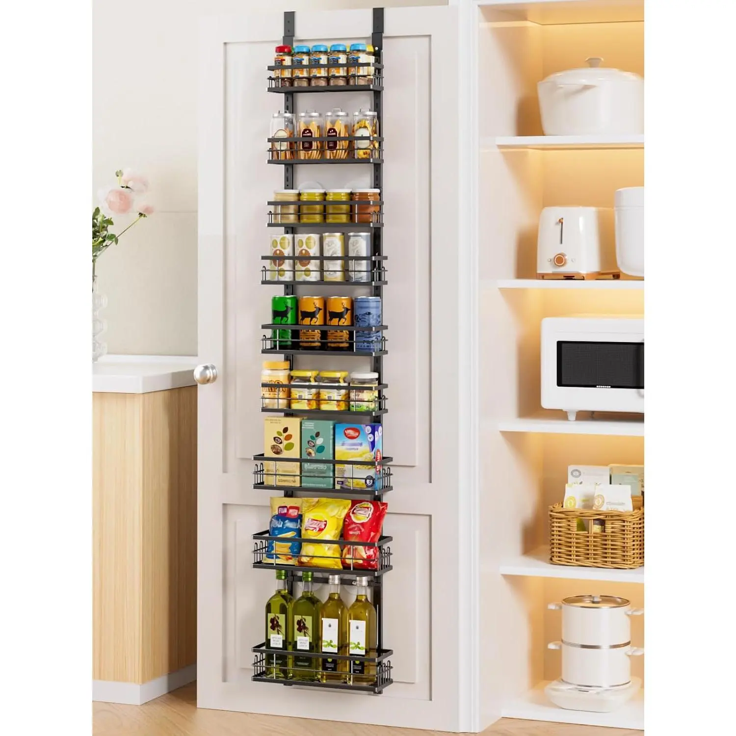 9-Tier Over the Door Pantry Organizer, Adjustable Pantry Door Organizers and Storage, Metal Hanging Basket Wall  Rack Seasoning Organizer, Door Organizer Kitchen Bedroom Bathroom,12"Black
