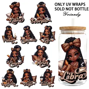 4PCS/SET Leopard print African women's twelve zodiac signs DIY Light Beigeny Tumblers Wrap Decorative transfer paper UV DTF High Self-adhensive Wraps Transfers Decor Transfer Paper On Cup Decal Sticker Vinyl Decal Sticker Adhesive Vinyl Decal