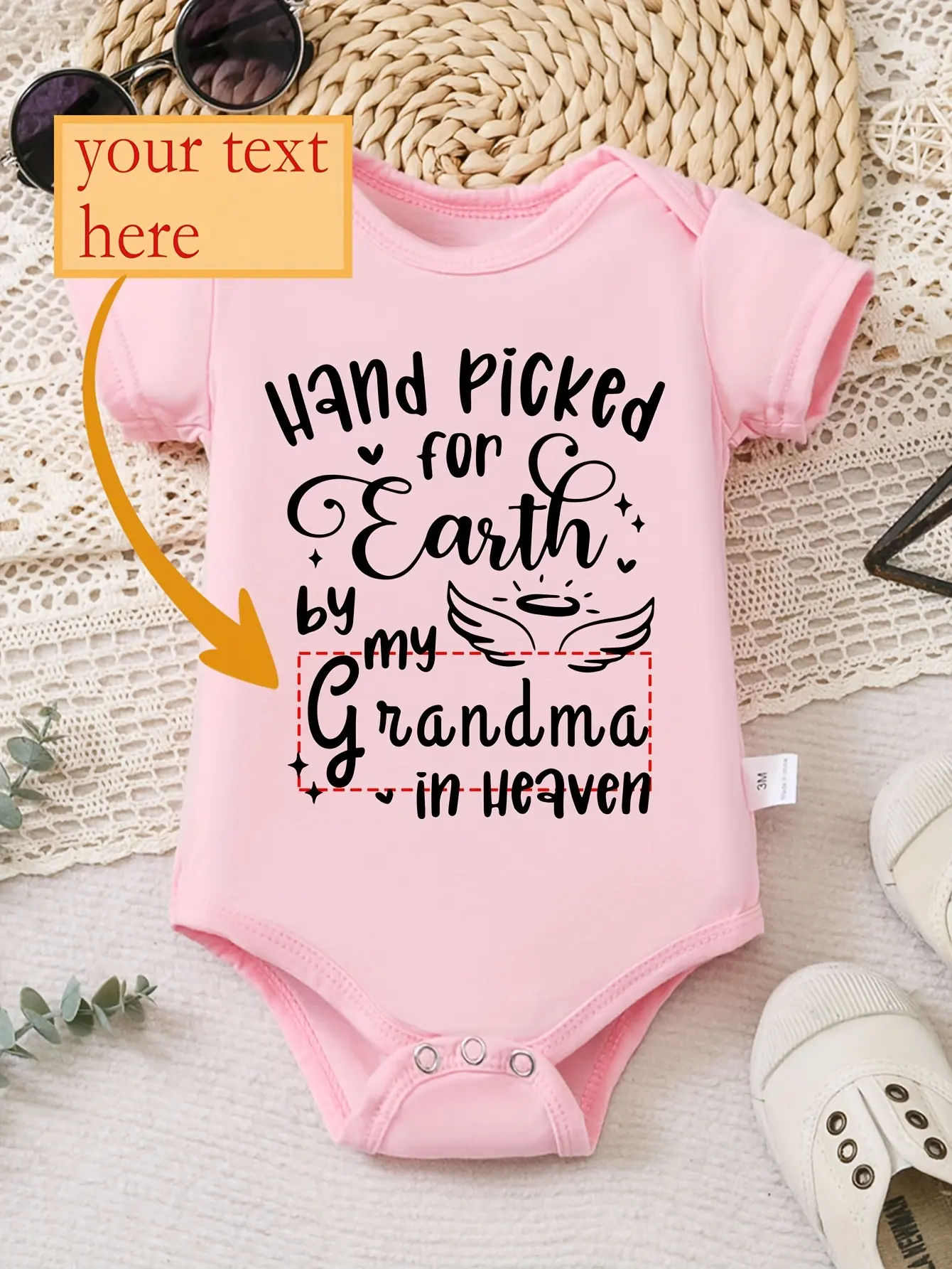 Custom Text Pink Short‑Sleeve Baby Bodysuit, Hand Picked for Earth by My Grandma in Heaven Angel Wing Printed Soft Cotton Infant Onesie