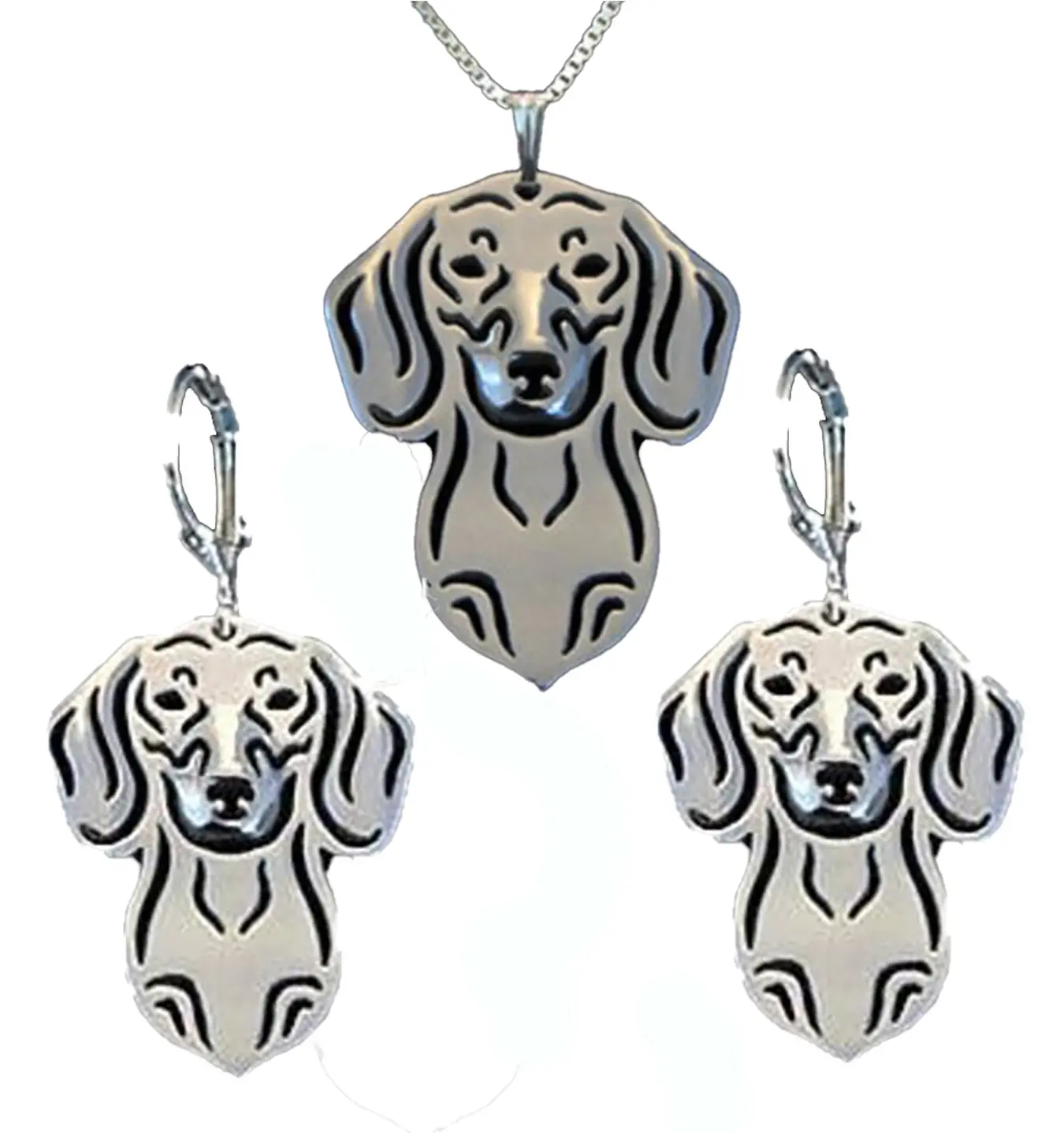 Dachshund Dog Earrings Necklace Set, Sterling Silver Jewelry by Ginger Lyne