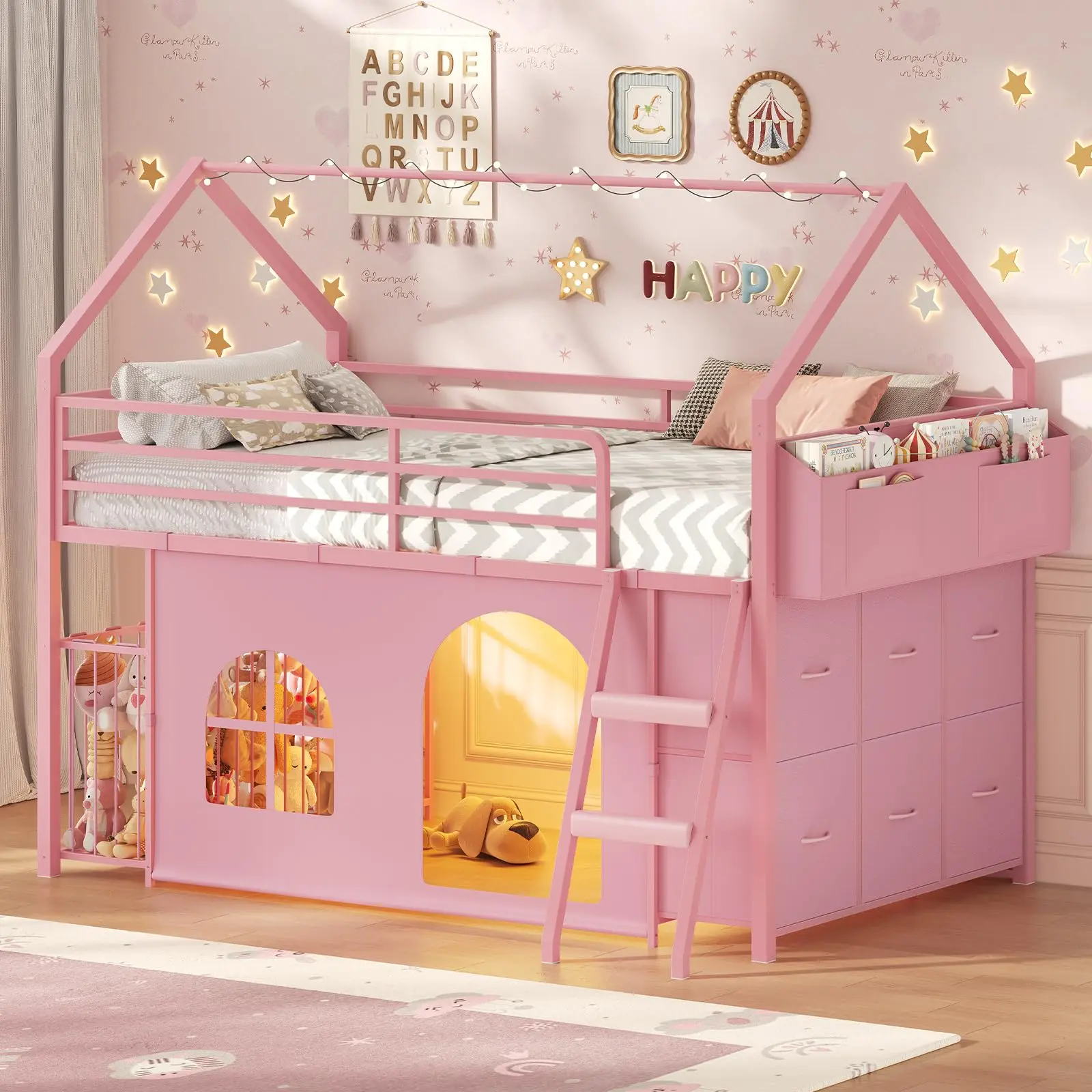 Loft Bed Twin Size with 6 Drawers, LED Lights & Stuffed Animal Storage, Metal House Loft Bed with 13” Safety Guardrail & Inclined Ladder, Twin Low Loft Bed Frame Play Curtain, Under-Bed Play Space, Pink