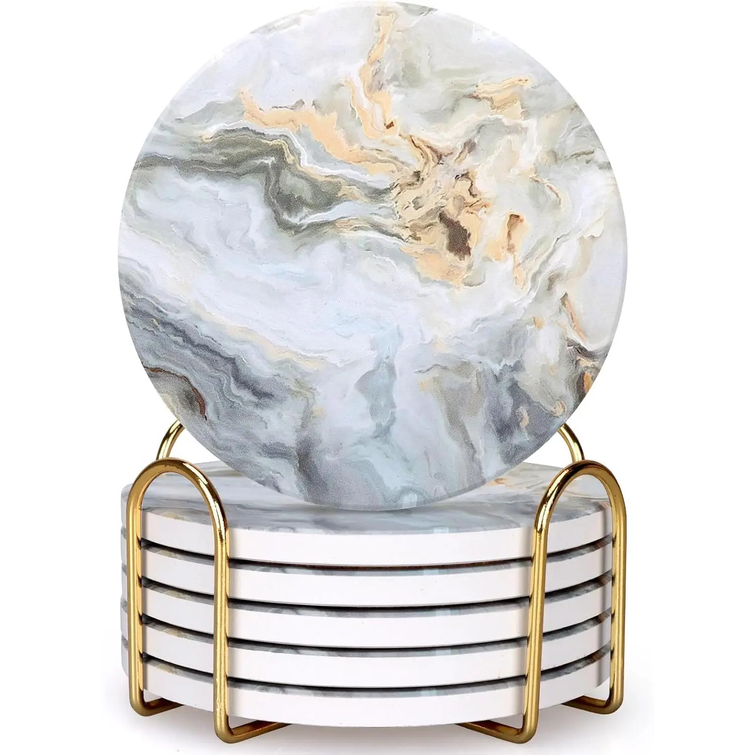 6 count Grey Abstract Ceramic Coasters with Holder  Cool Drink Absorbent Coasters Round Modern Coffee Table Coasters Set Art Decorative Coasters Bar Farmhouse Outdoor Coasters Cup Coaster