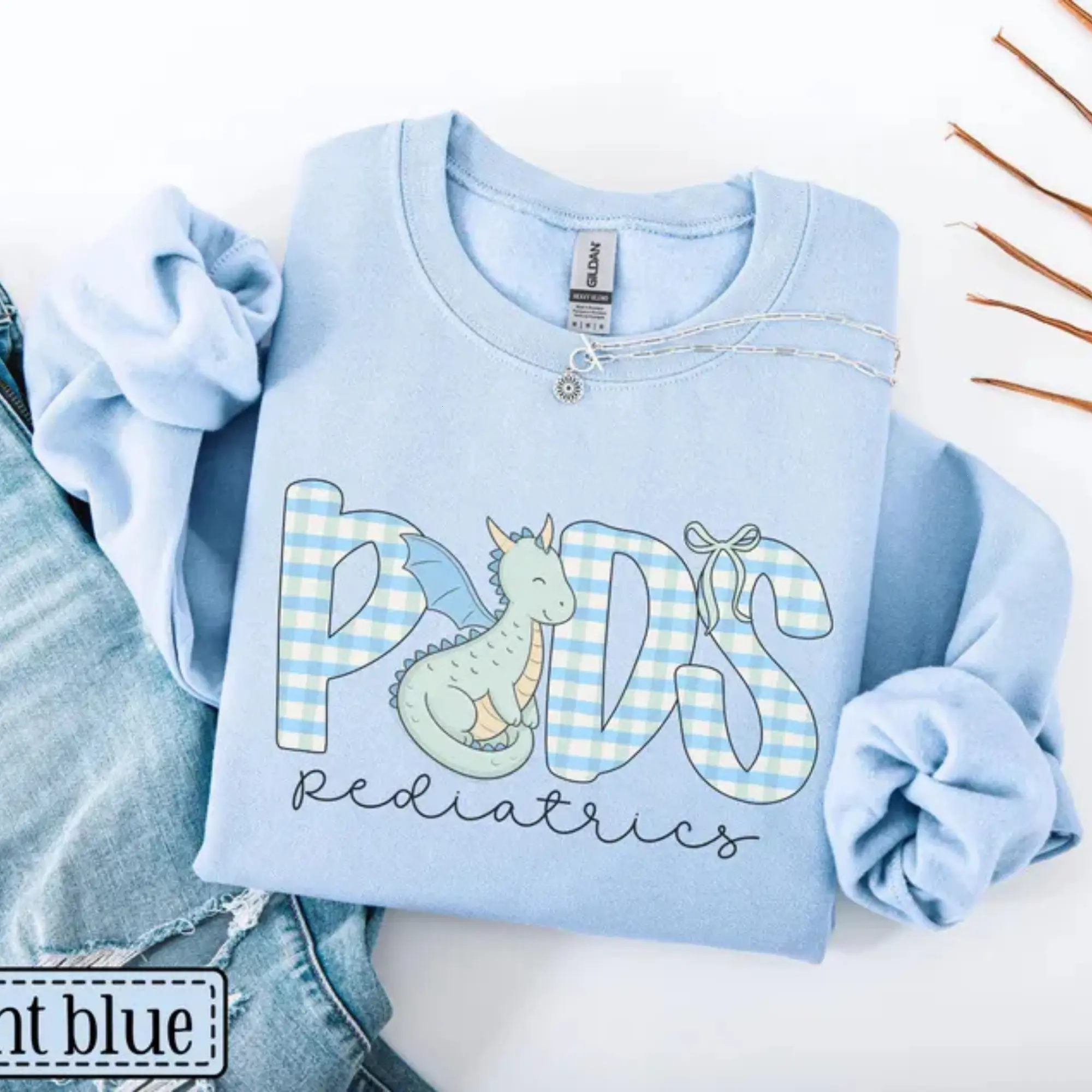 Pediatrics Dragon Sweatshirt • PEDS Nurse Work Sweater • PEDS ER Rn • Pediatric Dental Crew • Pediatric Office Gingham Crewneck