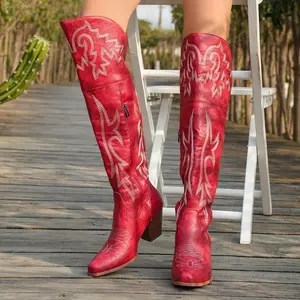 Women'S Elegant Knee-High Western Boots with Red Embroidery, Side Zipper, Pointed Toe, Block Heel - Stylish Cowgirl Boots for Casual Wear, High Heel Boots Walking Shoes Footwear