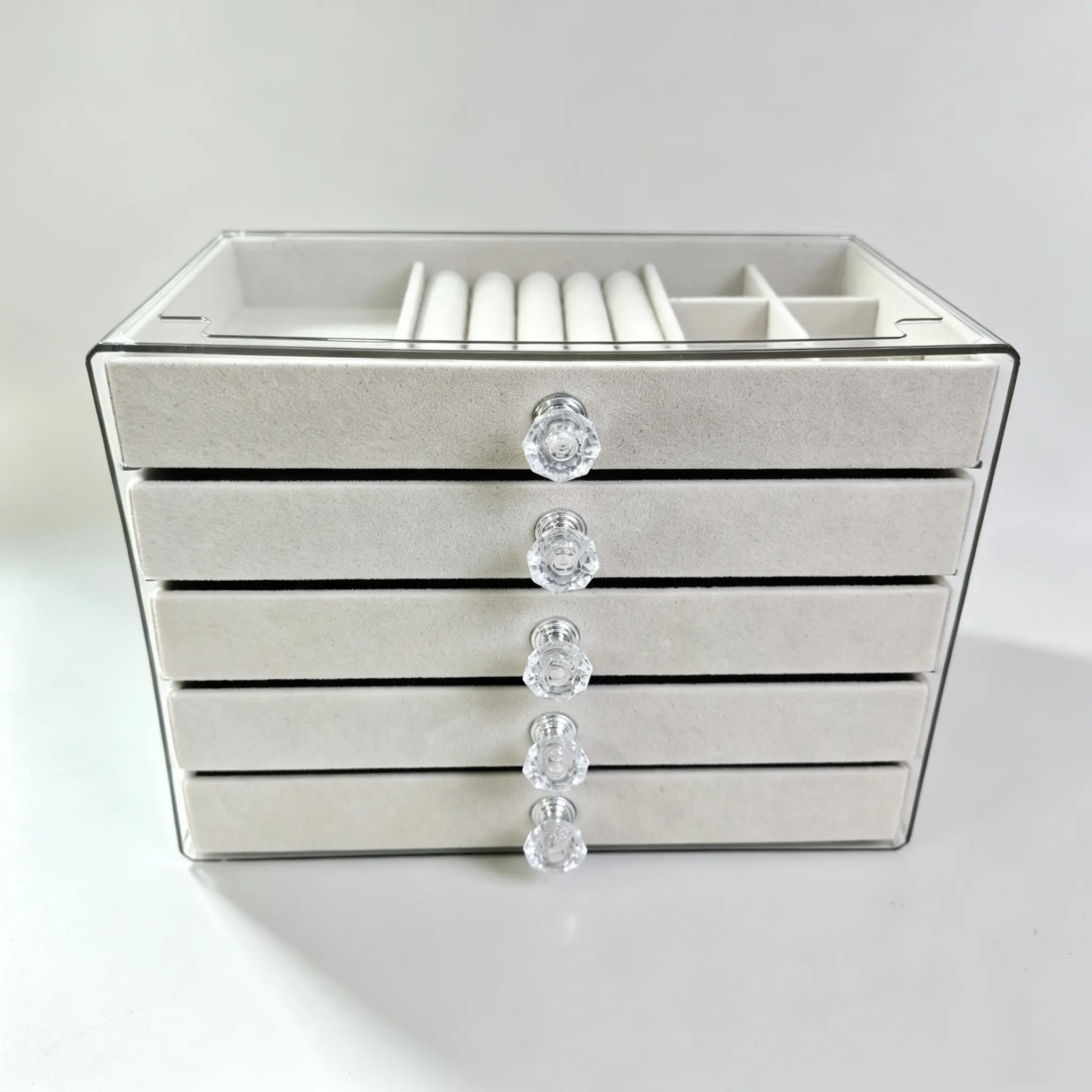 Transparent Divided Compartments Organiser - Compact Size Dustproof Jewelry Holder with Key Lock for Beauty Vanity Organization, Bedroom Makeup Desks, Closet Storage, Acrylic