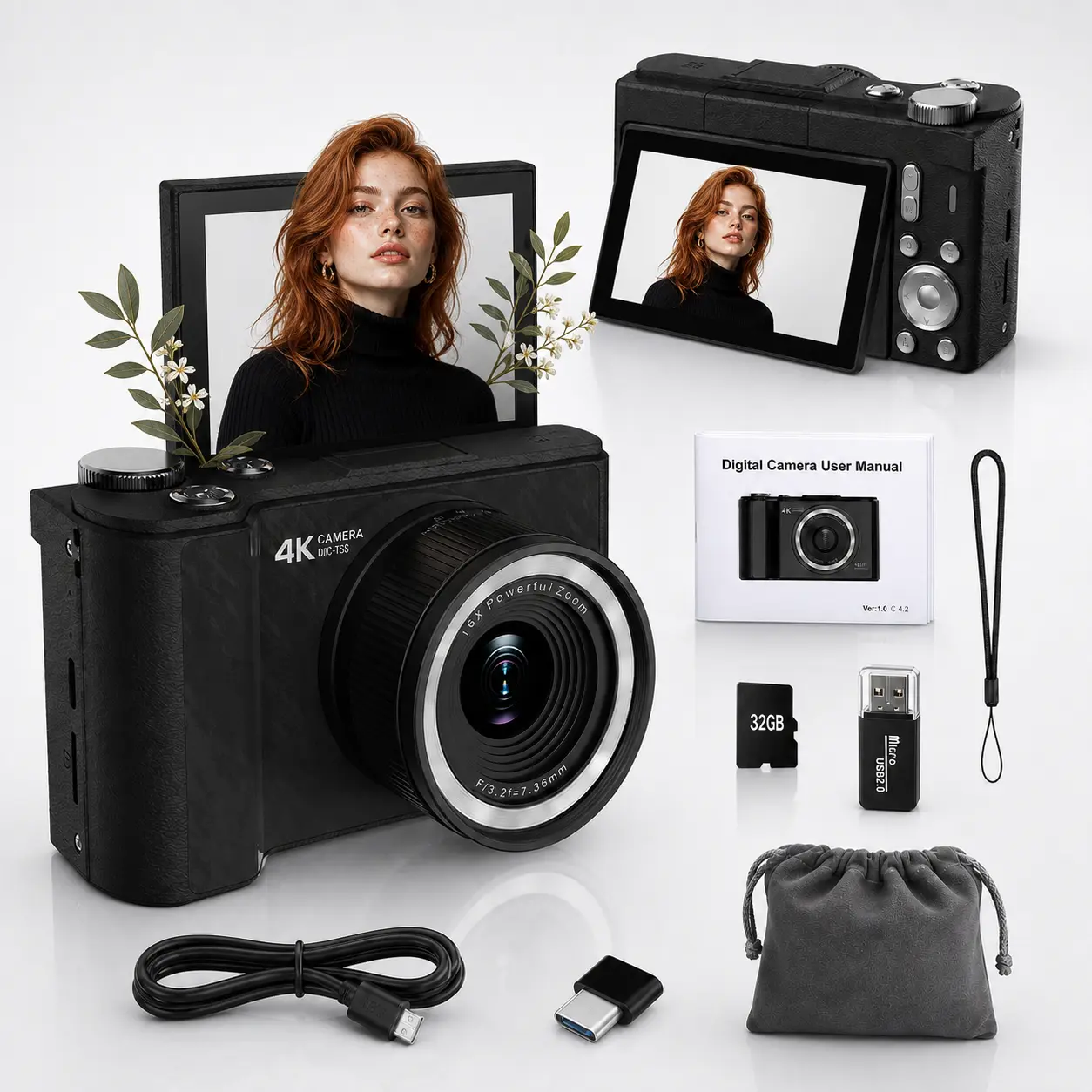 W&O 4K Digital Camera for Photography, 48MP Vlogging Camera with Fill Light, 180° Flip Screen, 16X Digital Zoom, 32GB Card, Compact Point and Shoot Camera for Students, Women and Beginners, Ideal Gift