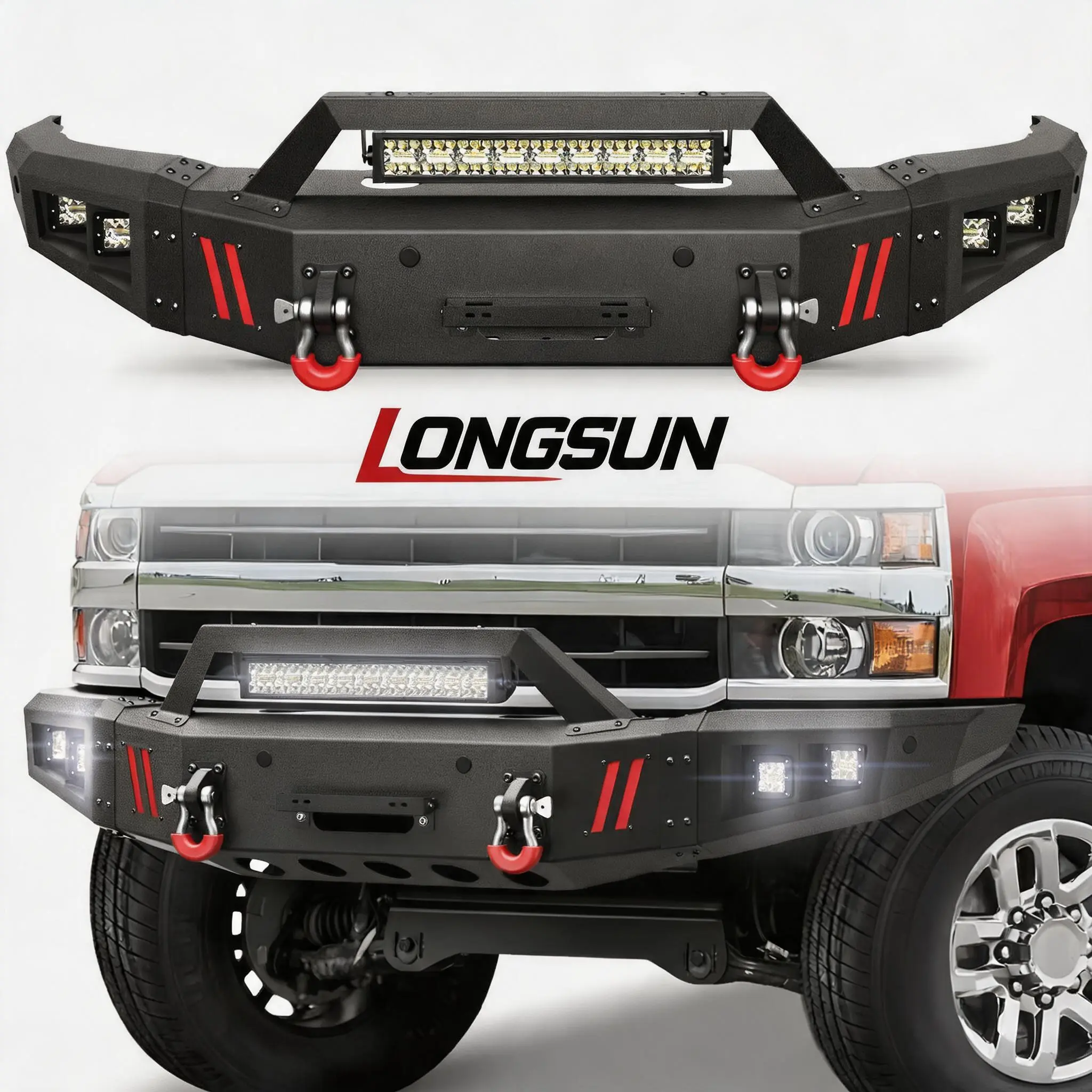 Longsun Carbon Steel Front Bumper Compatible with Chevrolet Silverado 2500/3500 HD 2015-2019, Textured Black Pickup Bumper with Built-in Winch Plate, LED Lights, D-Rings, Easy Installation to Enhance Visibility, Light Bar, Corrosion Resistance