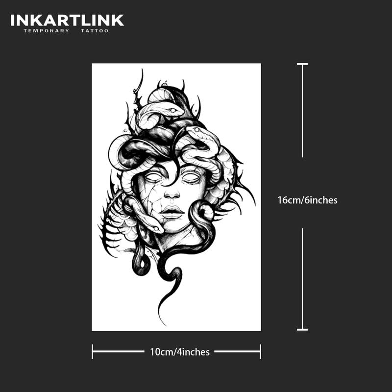 INKARTLINK Tattoo Tech, 2 Sheets Extra Large Semi Permanent Tattoo, Adult Art Design Temporary Tattoos, Lasts 1-2 Weeks, Waterproof, Realistic Look, No Adhesive, No Reflection (Medusa)