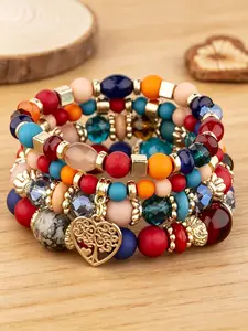 4 Pcs Boho Ethnic Layered Bracelets, Colorful Beaded Heart Design, Stackable Women's Jewelry, Perfect for Daily and Festival Wear, Matching Heart Bracelets